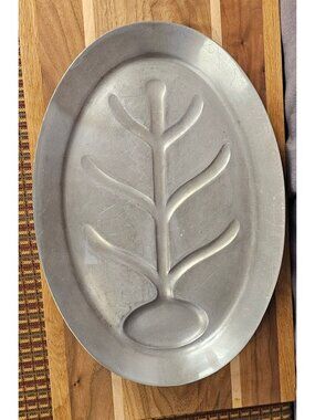 Oval Aluminum Meat Serving Platter With Tree Design Vintage Carving Tray 16" X 1